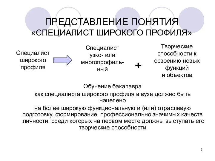 ПРЕДСТАВЛЕНИЕ ПОНЯТИЯ «СПЕЦИАЛИСТ ШИРОКОГО ПРОФИЛЯ» Специалист узко- или многопрофиль-ный Специалист