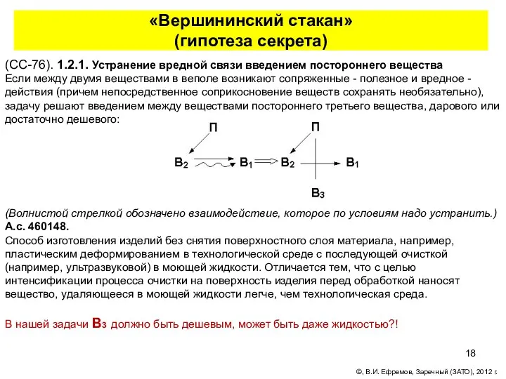 «Вершининский стакан» (гипотеза секрета) (СС-76). 1.2.1. Устранение вредной связи введением