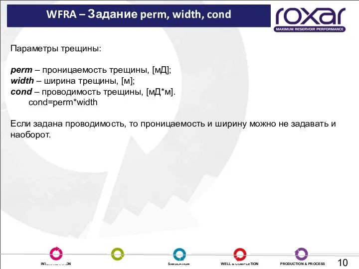 WFRA – Задание perm, width, cond Параметры трещины: perm – проницаемость трещины, [мД];