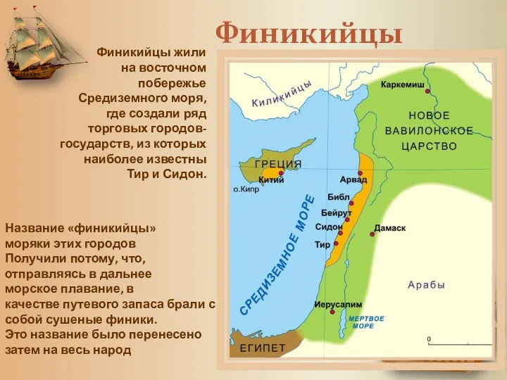 Финикийцы Финикийцы жили на восточном побережье Средиземного моря, где создали ряд торговых городов-