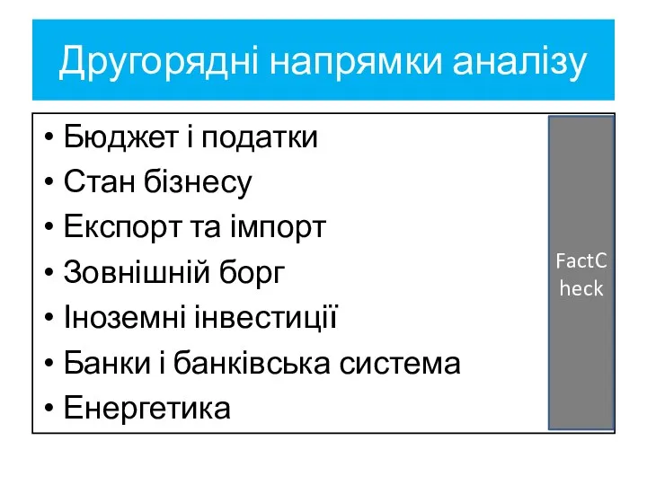 Другорядні напрямки аналізу Бюджет і податки Стан бізнесу Експорт та