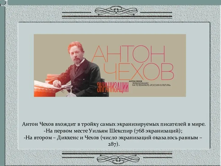 Антон Чехов вхождит в тройку самых экранизируемых писателей в мире. На первом месте
