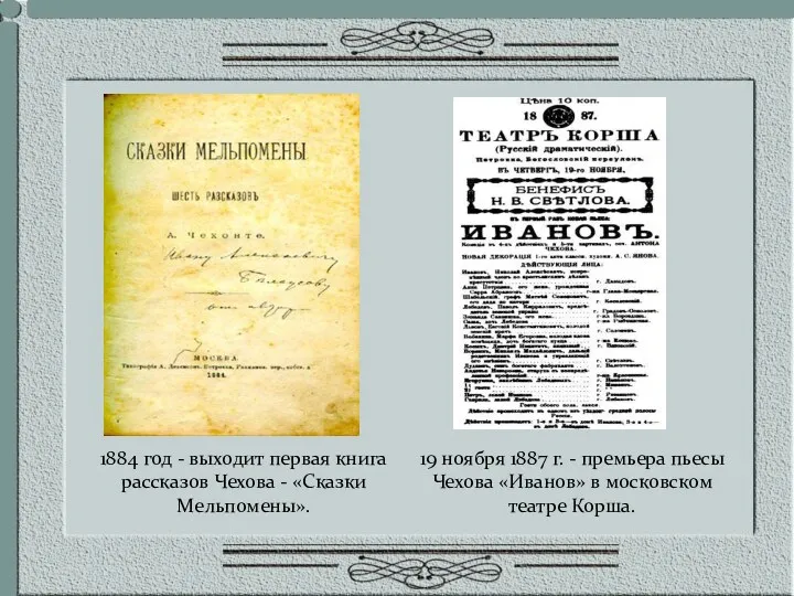 1884 год - выходит первая книга рассказов Чехова - «Сказки Мельпомены». 19 ноября