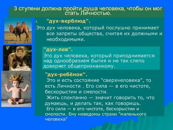 3 ступени должна пройти душа человека, чтобы он мог стать Личностью. "дух-верблюд". Это