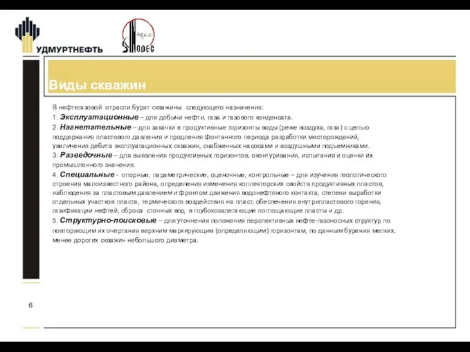 Виды скважин В нефтегазовой отрасли бурят скважины следующего назначения: 1.