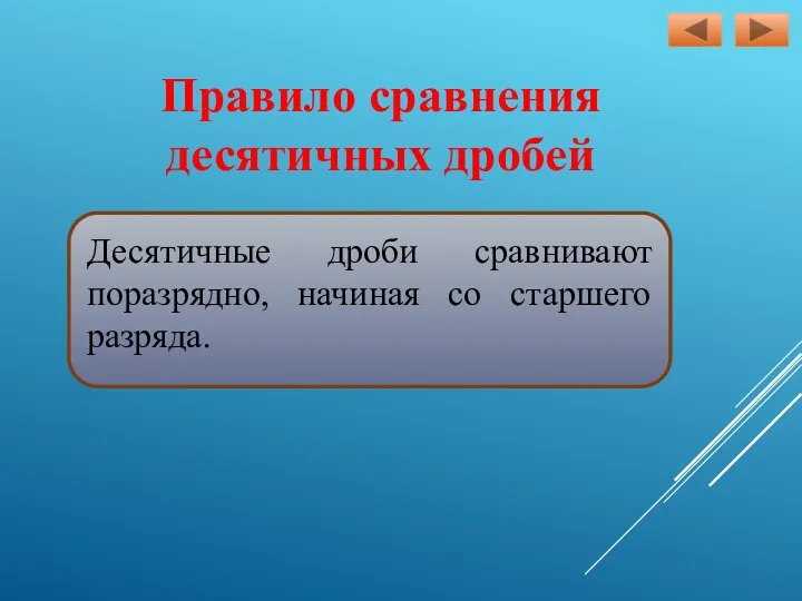 Правило сравнения десятичных дробей Десятичные дроби сравнивают поразрядно, начиная со старшего разряда.