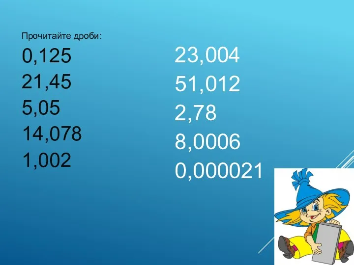 Прочитайте дроби: 0,125 21,45 5,05 14,078 1,002 23,004 51,012 2,78 8,0006 0,000021