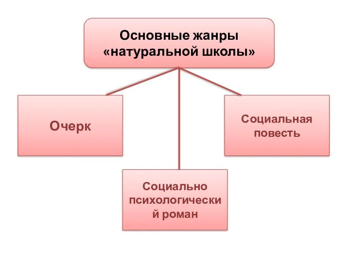 Основные жанры «натуральной школы» Очерк Социально психологический роман Социальная повесть