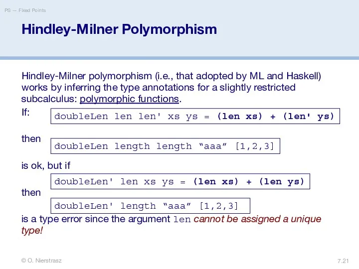 © O. Nierstrasz PS — Fixed Points 7. Hindley-Milner Polymorphism