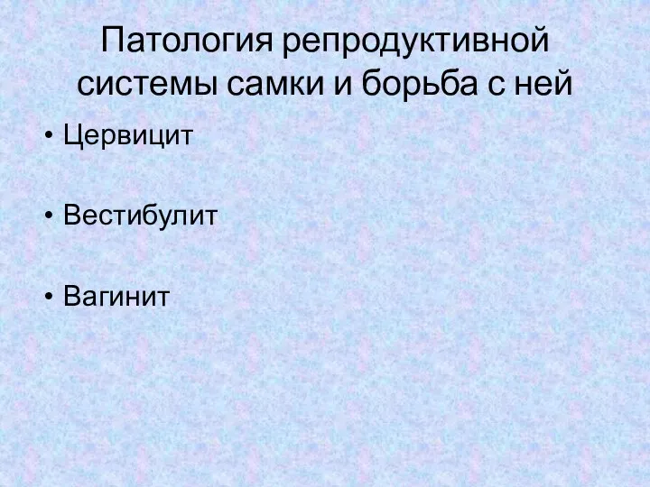 Патология репродуктивной системы самки и борьба с ней Цервицит Вестибулит Вагинит