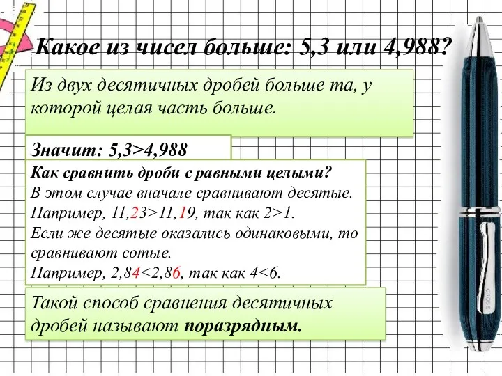 Какое из чисел больше: 5,3 или 4,988? Из двух десятичных