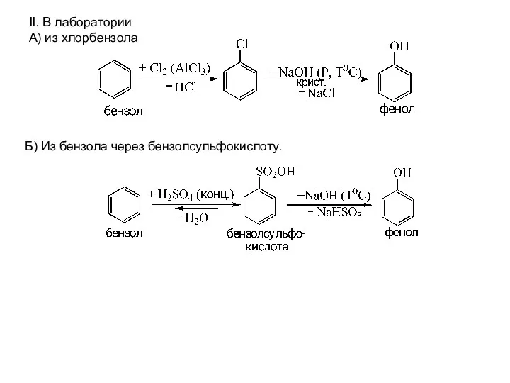II. В лаборатории А) из хлорбензола Б) Из бензола через бензолсульфокислоту.