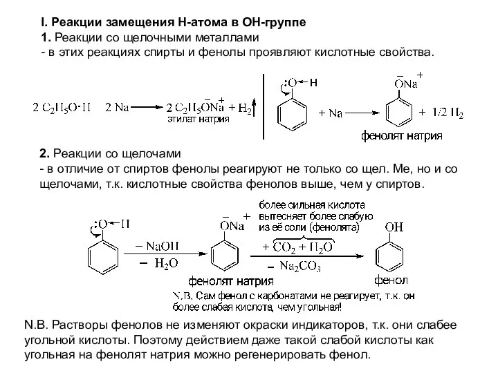 I. Реакции замещения Н-атома в ОН-группе 1. Реакции со щелочными