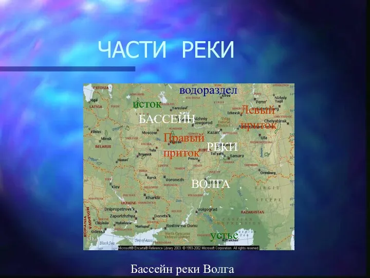 ЧАСТИ РЕКИ исток Правый приток Левый приток устье водораздел БАССЕЙН РЕКИ ВОЛГА Бассейн реки Волга