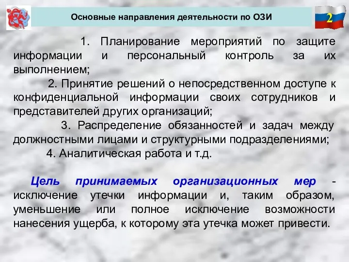 2 Основные направления деятельности по ОЗИ 1. Планирование мероприятий по