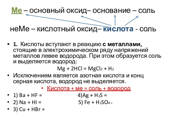 Ме – основный оксид– основание – соль неМе – кислотный