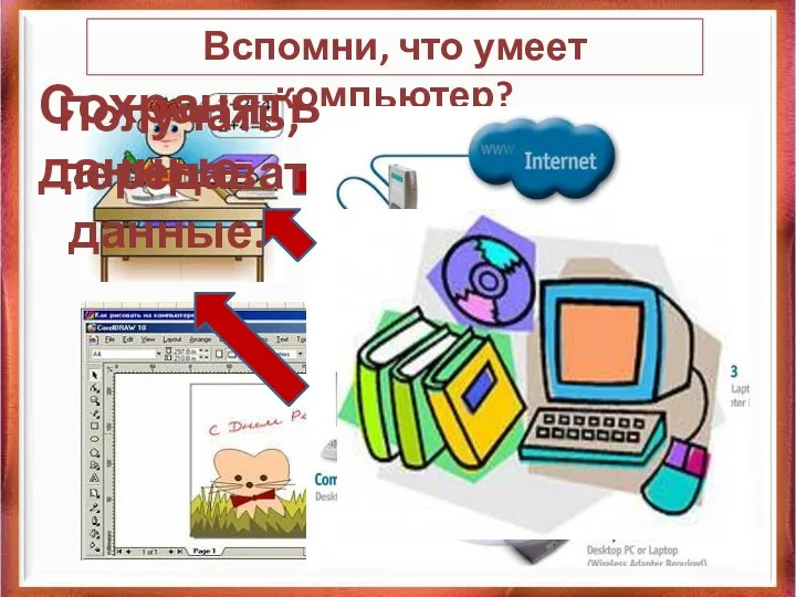 Вспомни, что умеет компьютер? Обрабатывать данные Получать, передавать данные. Сохранять данные.