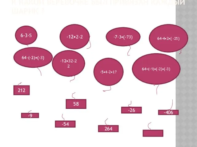 К КАКОЙ ВЕРЕВОЧКЕ БЫЛ ПРИВЯЗАН КАЖДЫЙ ШАРИК ? 6-3·5 -12•2-2 -7-3•(-73) -5•4-2•17 -12•32-22