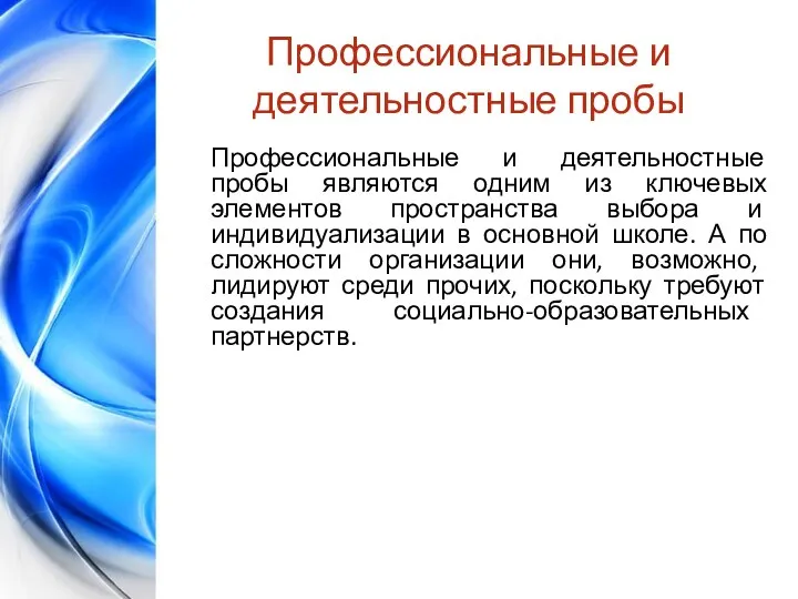 Профессиональные и деятельностные пробы Профессиональные и деятельностные пробы являются одним из ключевых элементов