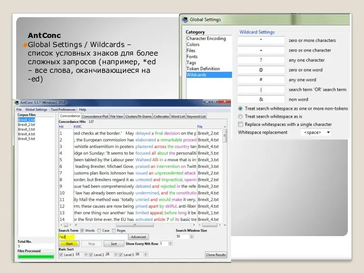 AntConc Global Settings / Wildcards – список условных знаков для