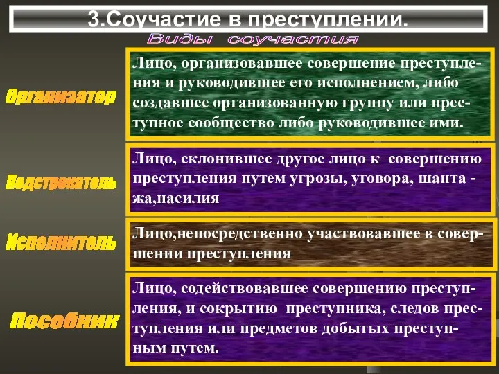 3.Соучастие в преступлении. Виды соучастия Организатор Лицо, организовавшее совершение преступле- ния и руководившее