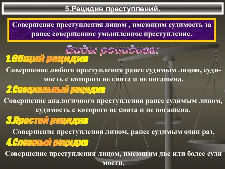 5.Рецидив преступлений. Совершение преступления лицом , имеющим судимость за ранее