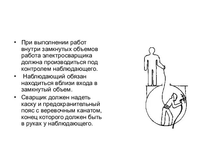 При выполнении работ внутри замкнутых объемов работа электросварщика должна производиться