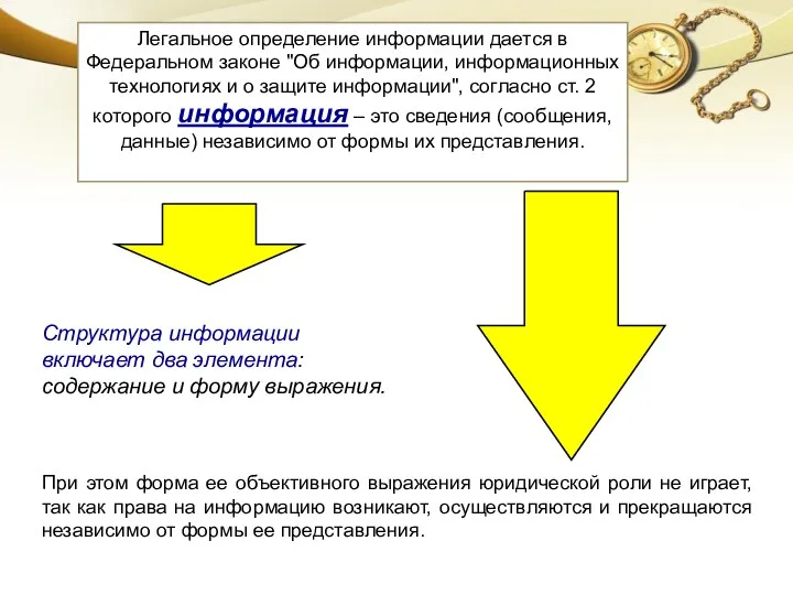 Легальное определение информации дается в Федеральном законе "Об информации, информационных