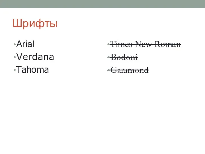 Шрифты Arial Verdana Tahoma Times New Roman Bodoni Garamond