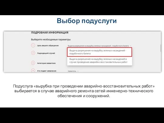 Выбор подуслуги Подуслуга «вырубка при проведении аварийно-восстановительных работ» выбирается в случае аварийного ремонта