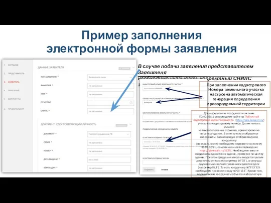 Пример заполнения электронной формы заявления В случае подачи заявления представителем Заявителя необходимо указывать