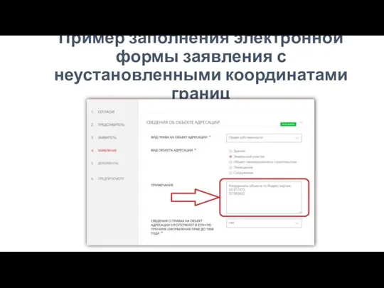 Пример заполнения электронной формы заявления с неустановленными координатами границ