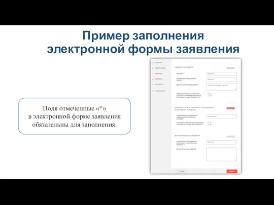 Пример заполнения электронной формы заявления Поля отмеченные «*» в электронной форме заявления обязательны для заполнения.