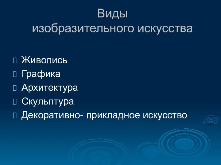 Виды изобразительного искусства Живопись Графика Архитектура Скульптура Декоративно- прикладное искусство