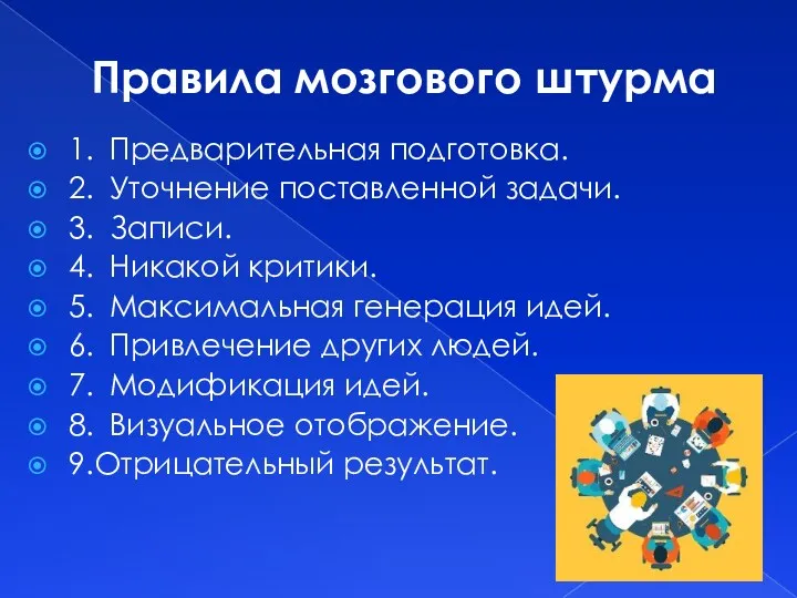 Правила мозгового штурма 1. Предварительная подготовка. 2. Уточнение поставленной задачи.