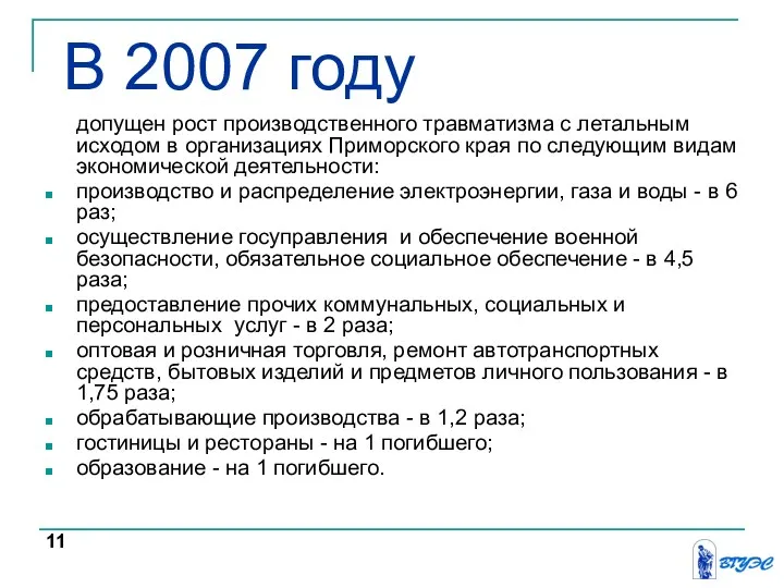 В 2007 году допущен рост производственного травматизма с летальным исходом