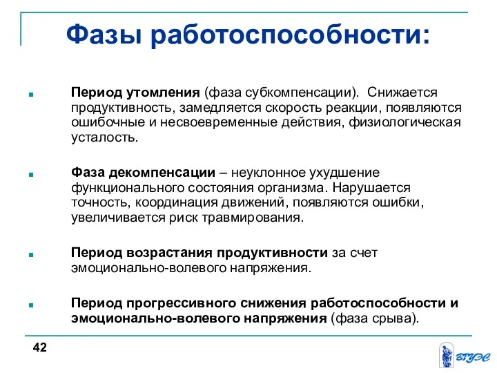 Фазы работоспособности: Период утомления (фаза субкомпенсации). Снижается продуктивность, замедляется скорость