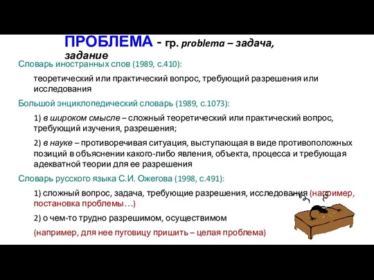 ПРОБЛЕМА - гр. problema – задача, задание Словарь иностранных слов