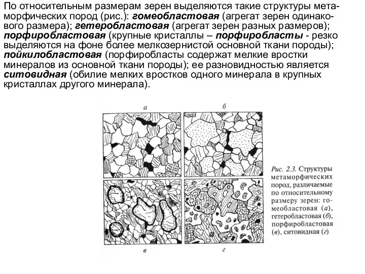 По относительным размерам зерен выделяются такие структуры мета-морфических пород (рис.):