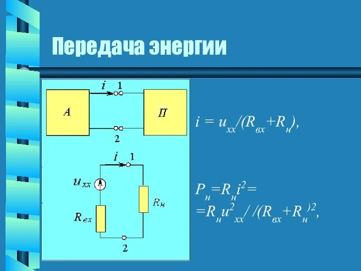 Передача энергии i = uxx/(Rвх+Rн), Pн=Rнi2= =Rнu2xx/ /(Rвх+Rн)2,