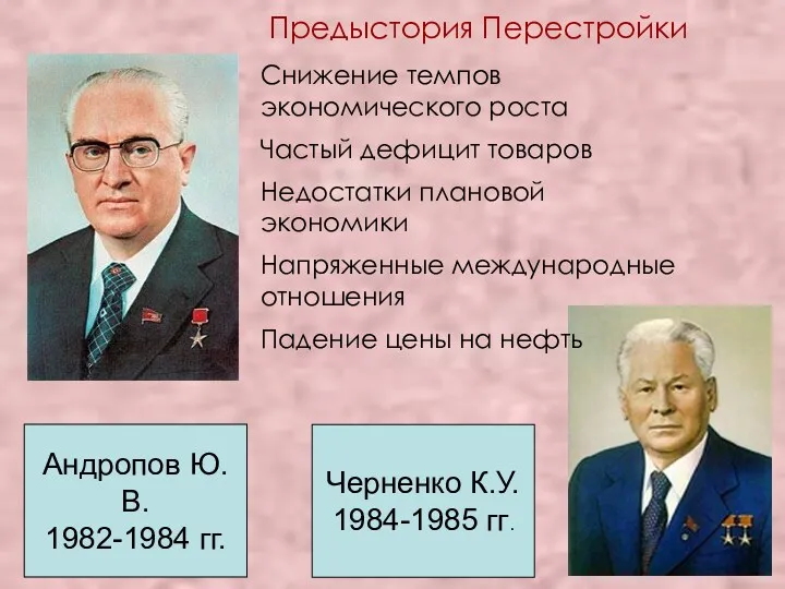 Андропов Ю.В. 1982-1984 гг. Черненко К.У. 1984-1985 гг. Снижение темпов