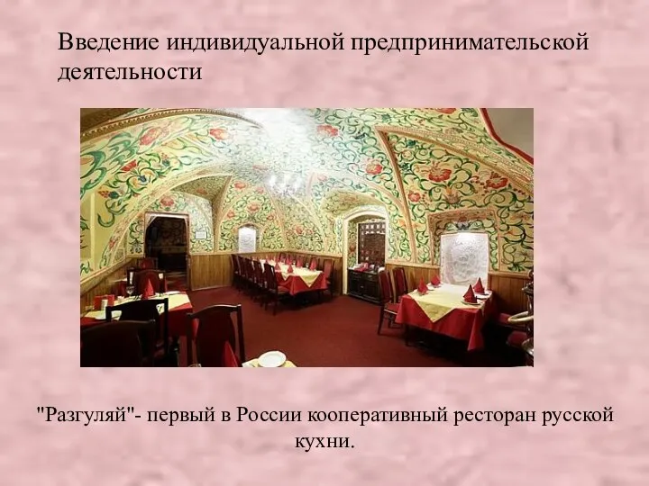 Введение индивидуальной предпринимательской деятельности "Разгуляй"- первый в России кооперативный ресторан русской кухни.
