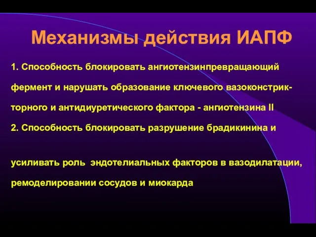 Механизмы действия ИАПФ 1. Способность блокировать ангиотензинпревращающий фермент и нарушать