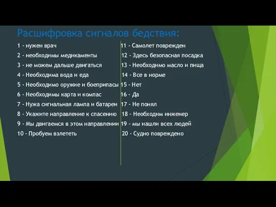 Расшифровка сигналов бедствия: 1 - нужен врач 11 - Самолет