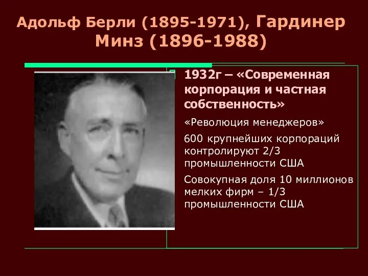 Адольф Берли (1895-1971), Гардинер Минз (1896-1988) 1932г – «Современная корпорация