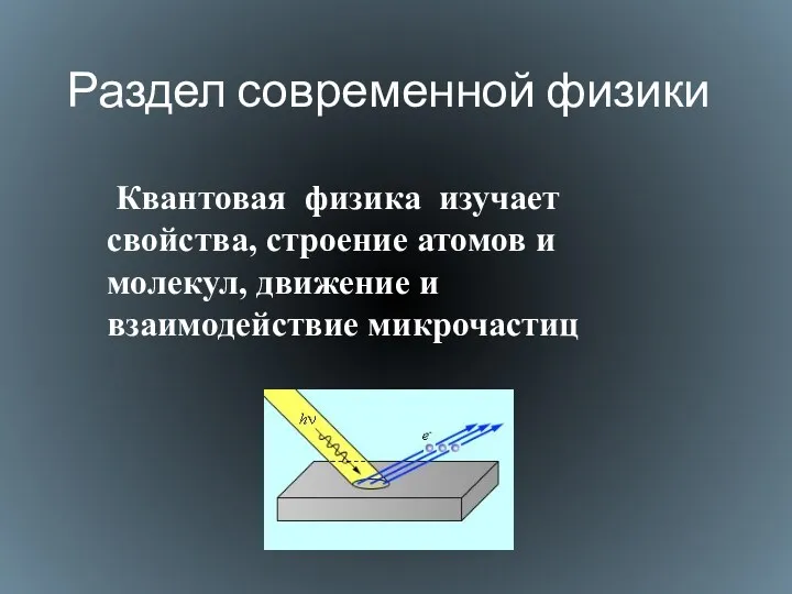 Раздел современной физики Квантовая физика изучает свойства, строение атомов и молекул, движение и взаимодействие микрочастиц