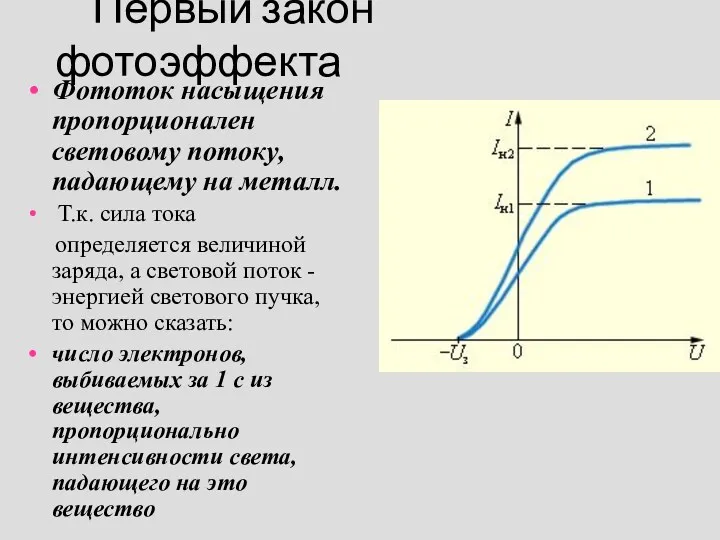 Первый закон фотоэффекта Фототок насыщения пропорционален световому потоку, падающему на