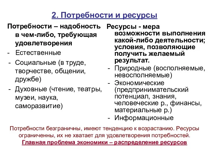 2. Потребности и ресурсы Потребности – надобность в чем-либо, требующая