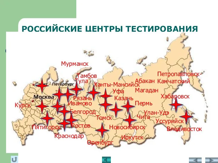 РОССИЙСКИЕ ЦЕНТРЫ ТЕСТИРОВАНИЯ Пятигорск Оренбург Иркутск Краснодар Курск Ханты-Мансийск Иваново