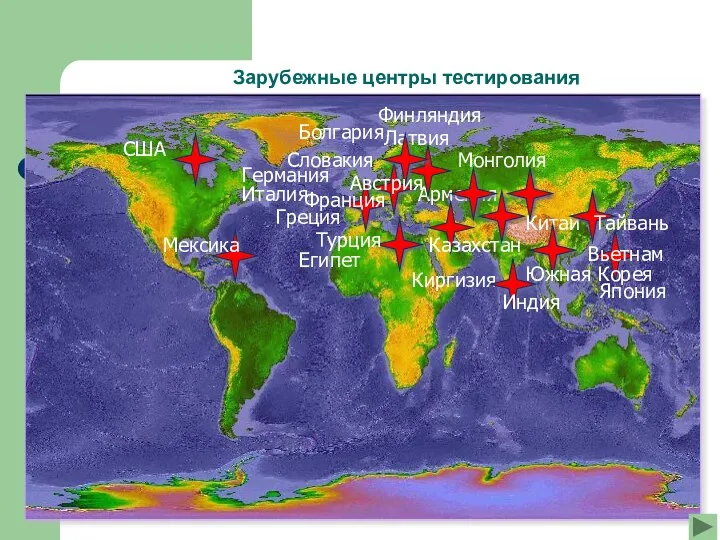 Зарубежные центры тестирования Монголия Китай Словакия Япония Вьетнам Египет Армения